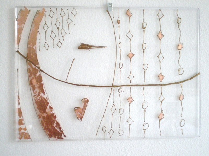 African style -  Bronze lead paste and copper leaves decorations on plexiglass.